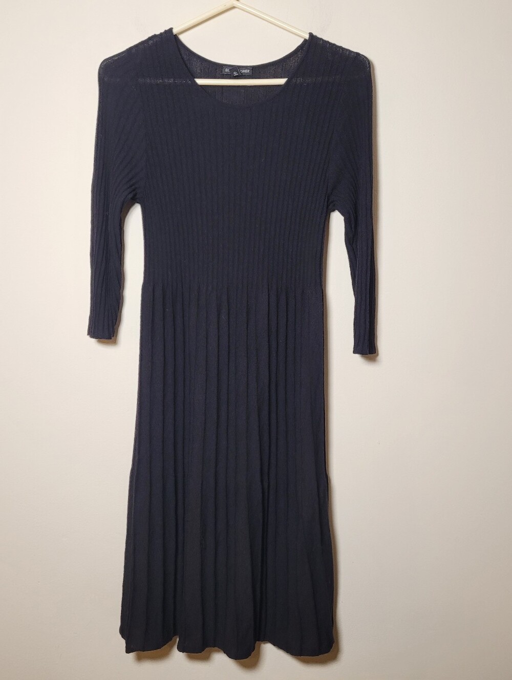 Eileen Fisher Midi Dress XS Black 3/4 Sleeve Stretch Wool Gothic Romantic Events